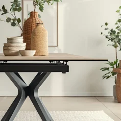 Table de repas rectangulaire extensible en céramique - bois clair (10 à 12 places)