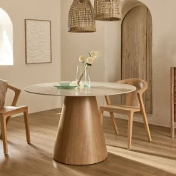 Table de repas ronde en bois et céramique - bois clair (4 à 6 places)