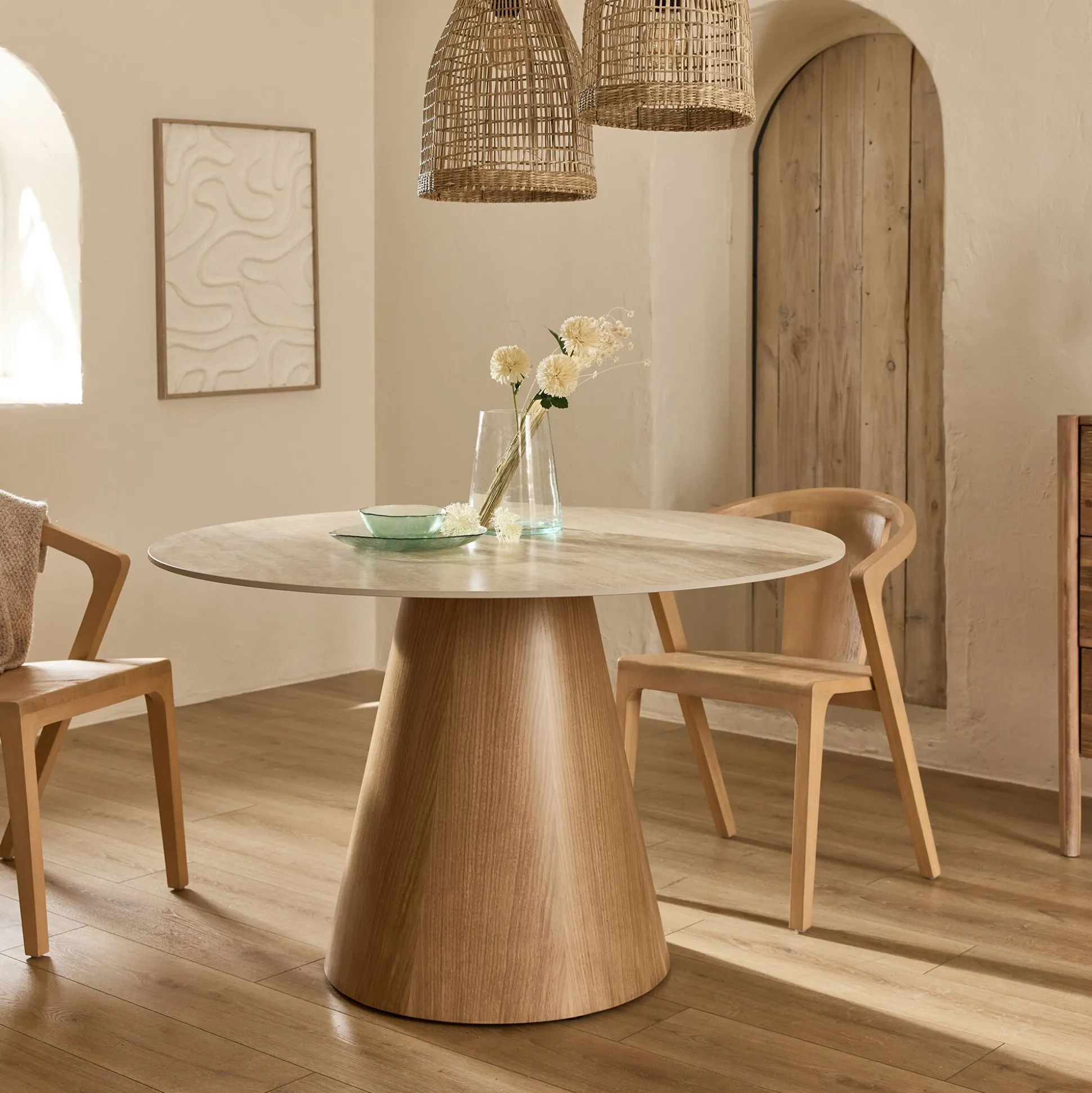 Table de repas ronde en bois et céramique - bois clair (4 à 6 places)