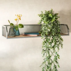 Étagère murale grillagée en bois et métal argenté L67cm