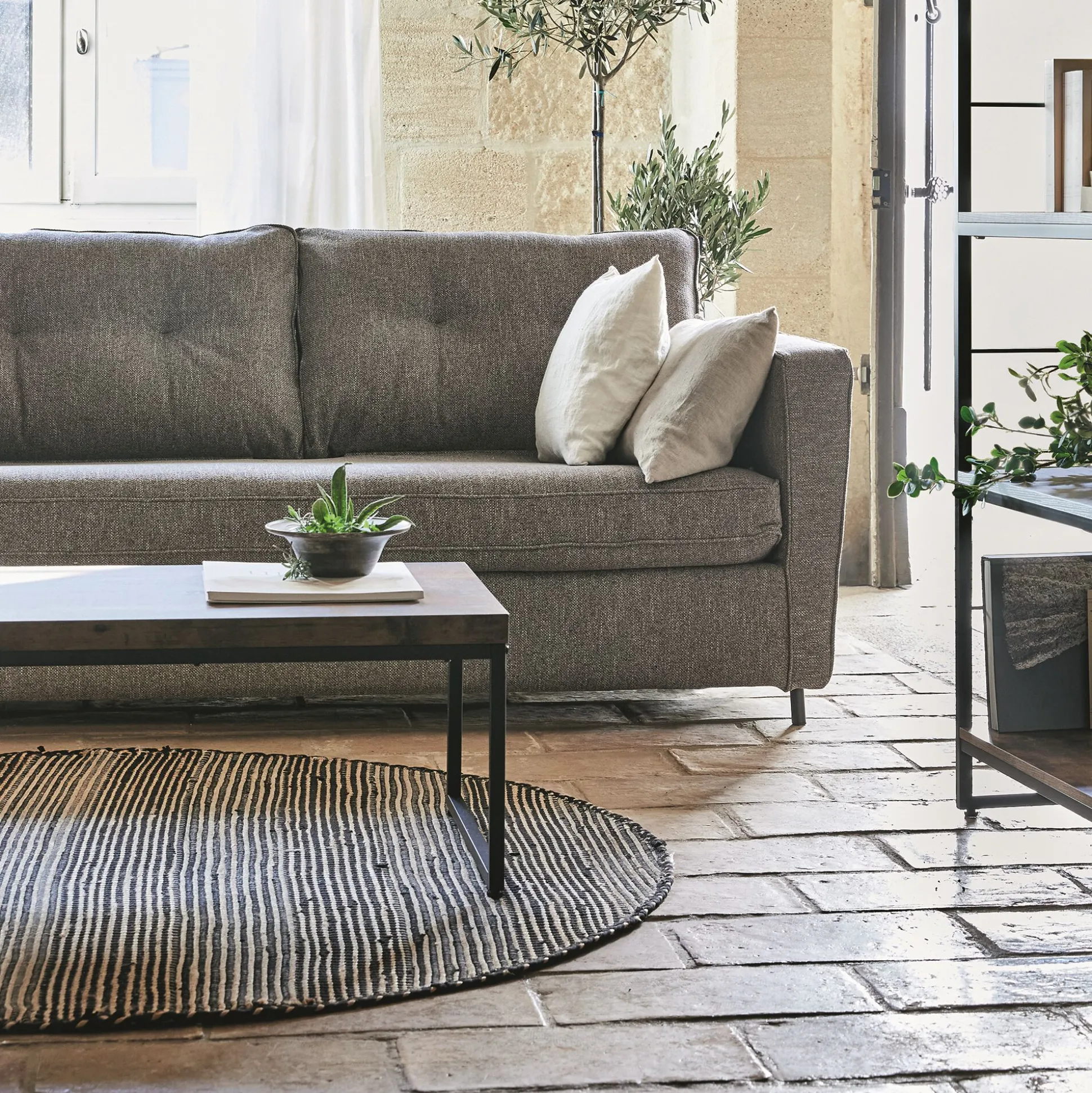 Tapis rond en coton recyclé et jute - noir D160cm