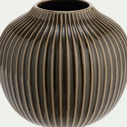 Vase strié en grès H14,5cm - vert